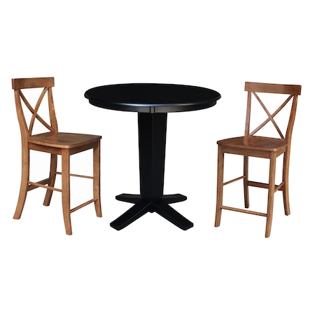 International Concepts 36 in. Solid Wood Round Top Dining Table with 2 Counter Height Stools in Black/Distressed Oak K46-36RT-23-S4261322